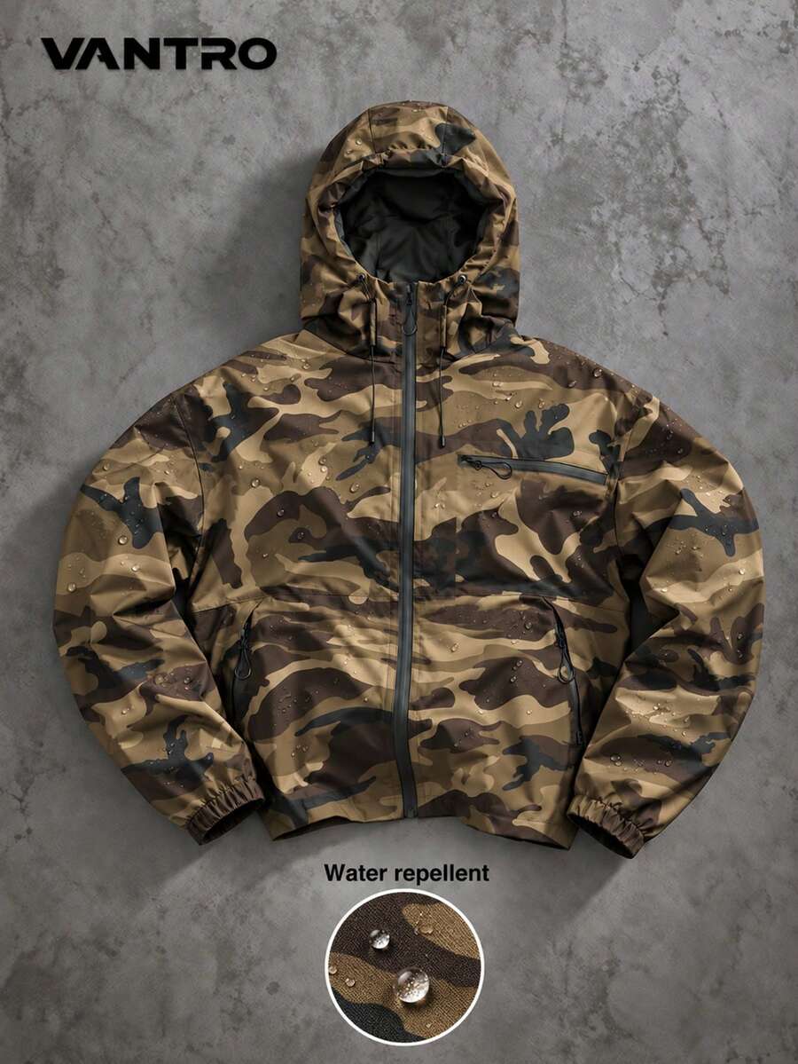 Men's Vintage All-Over Camouflage Print Hooded Jacket, Adjustable Drawstring Hood, Zipper Chest Pocket, Loose Fit Workwear Streetwear Jacket - Army Green - View 1