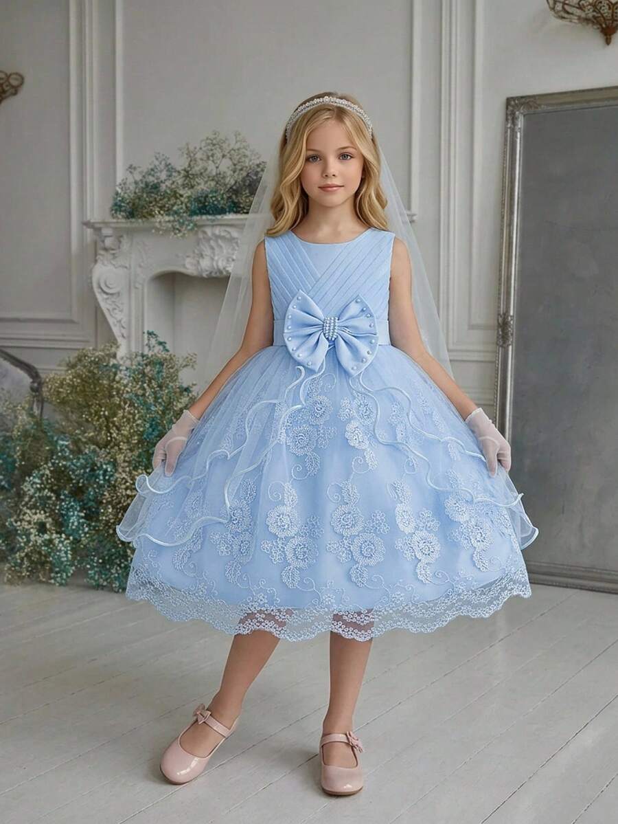 Young Girls Solid Color Beaded Bow Embroidery Puff Princess Dress Tulle Party Gown Suitable For Flower Girl Dress Graduation Dress Banquet Piano Dress - Baby Blue - View 1