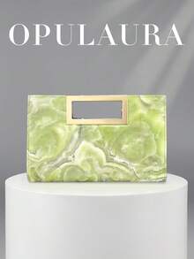 OpulAura 歐美女款時尚大理石紋晚宴手拿包，亮面奢華高端閃亮金屬手鍊裝飾晚宴包，手提包，靜奢風手拿包，適合舞會、派對、雞尾酒會、生日派對禮服搭配，生日禮物，新娘手拿包 - 綠色 - 查看 5