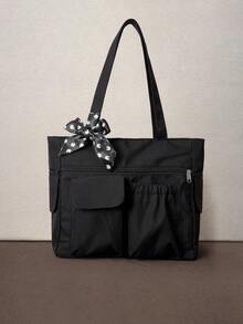 Hatastic Large Capacity Solid Color Tote Bag With Multiple Pockets, Simple And Lightweight Suitable For Carrying Laptops, Tote Bags - Black - View 1