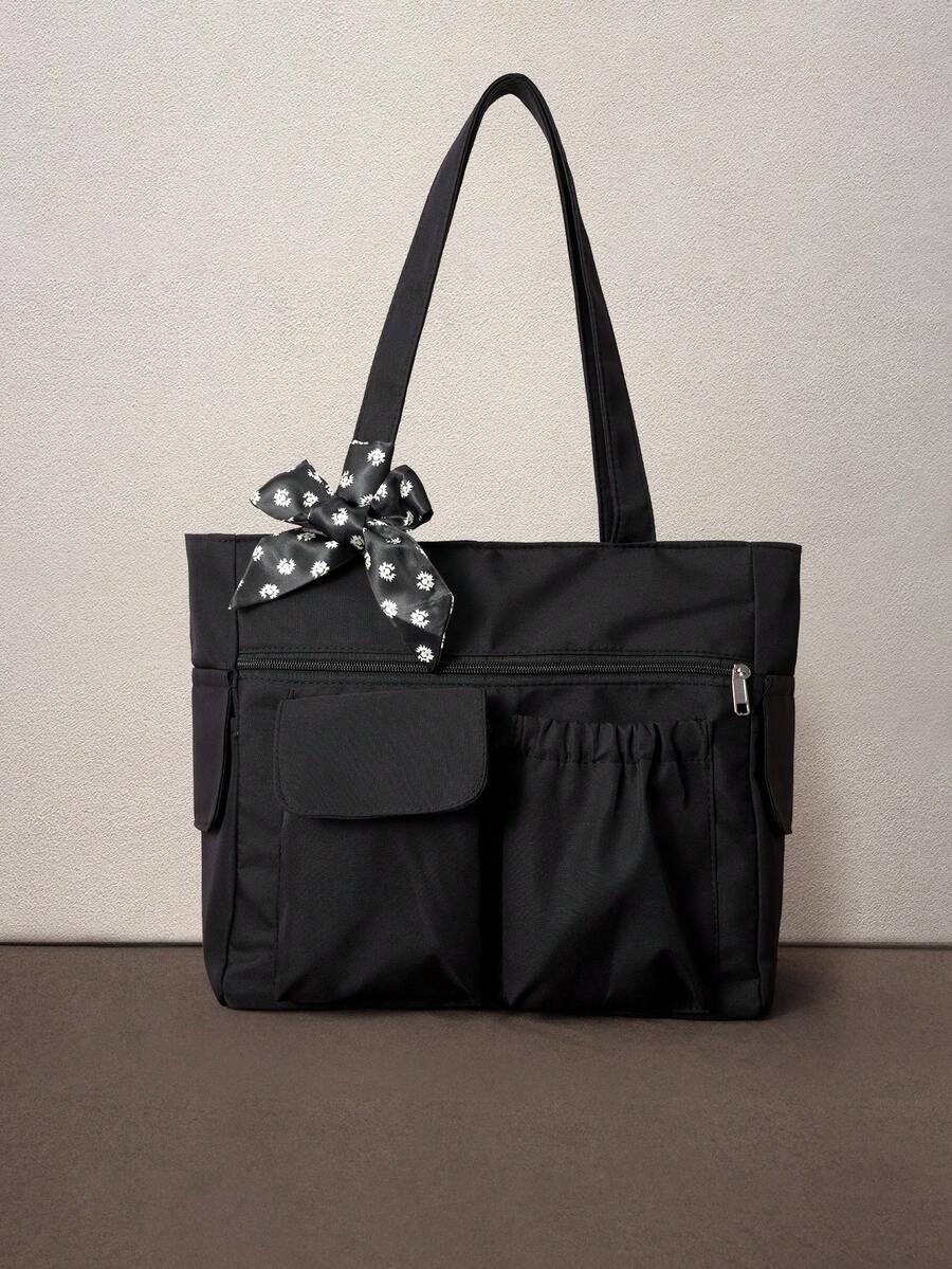 Hatastic Large Capacity Solid Color Tote Bag With Multiple Pockets, Simple And Lightweight Suitable For Carrying Laptops, Tote Bags - Black - View 1