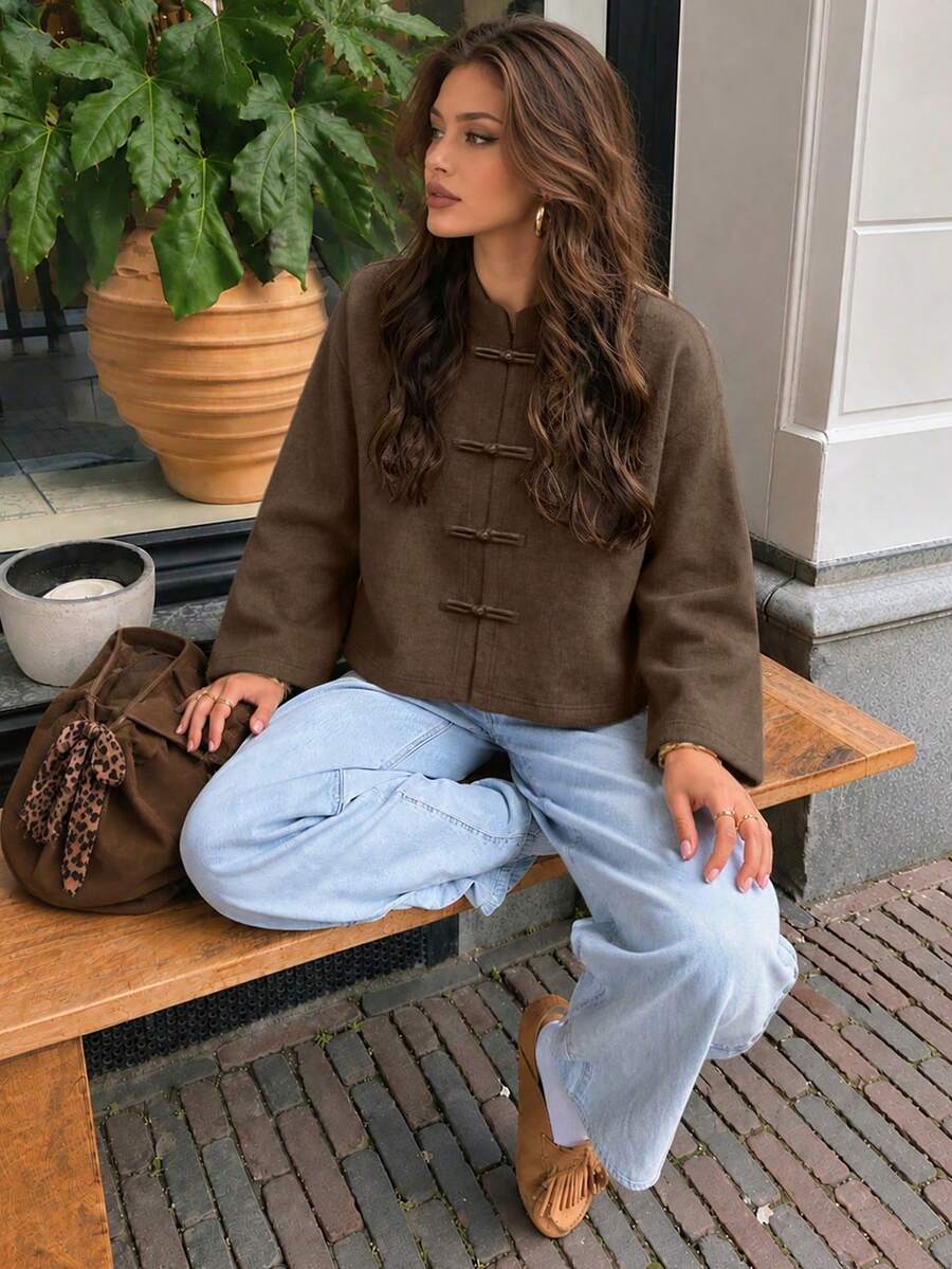 Women's Stand Collar Frog Button Knitted Cardigan, Same Color Handmade Frog Button Soft Loose Short Jacket - Dark Brown - View 1