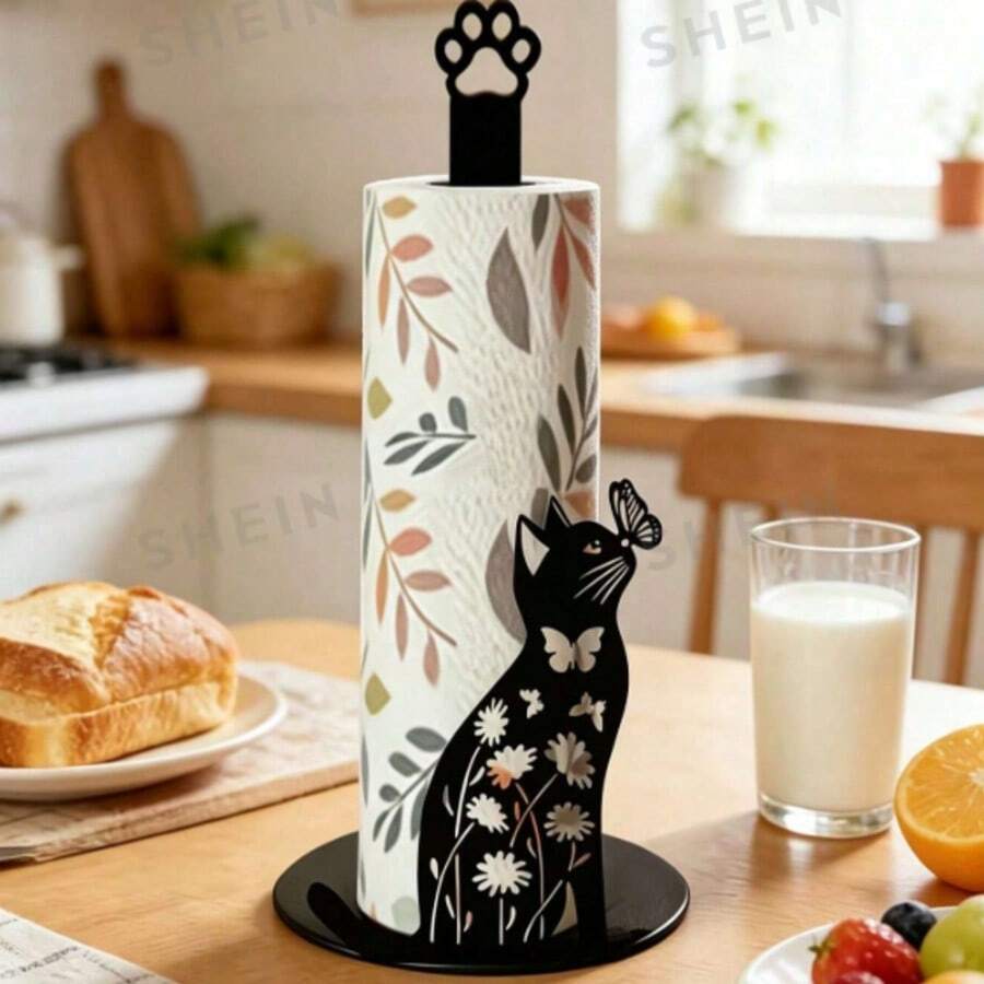 2D Design Cat & Butterfly Paper Towel Holder, Cute Black Cat Decor, Cat Lover Decoration, Vintage Farmhouse Style, Kitchen Countertop & Bathroom Standing Toilet Paper Storage Rack, Creative Animal Silhouette, Decorative Home Storage Rack - Multicolor - View 1