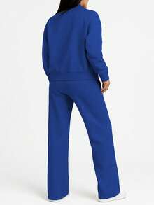 Spring Autumn Winter Fashion New Solid Color Minimalist Sweatshirt Jacket Top With Pockets Straight Leg Pants 2 Pieces Set, Soft Fleece Micro Polyester Spandex Fabric - Blue 1 - View 3