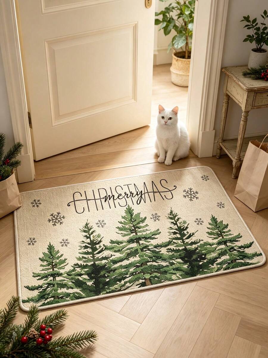 1件裝聖誕極簡松樹雪花Merry Christmas裝飾秋冬毛絨地毯,聖誕禮物裝飾地毯,臥室裝飾,小地毯,地毯,家居裝飾,客廳地毯,客廳小地毯,臥室地毯,客廳家居裝飾,戶外地毯,可機洗地毯 - 彩色 - 查看 1