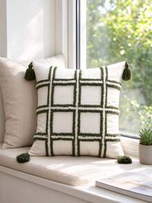 1pc Tufted Plaid Pillow Case, Green And White Checkered Pattern With Tassel Corners, Bohemian Country Style Decorative Cushion Cover, Suitable For Sofa Bedroom Living Room, Pillow Insert Not Included - Multicolor - View 11