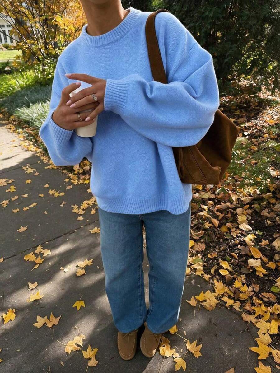 Women's Pink Round Neck Long Sleeve Knit Sweater, Loose Minimalist Versatile Drop Shoulder Pullover, Autumn/Winter New - Hu Lan - View 1