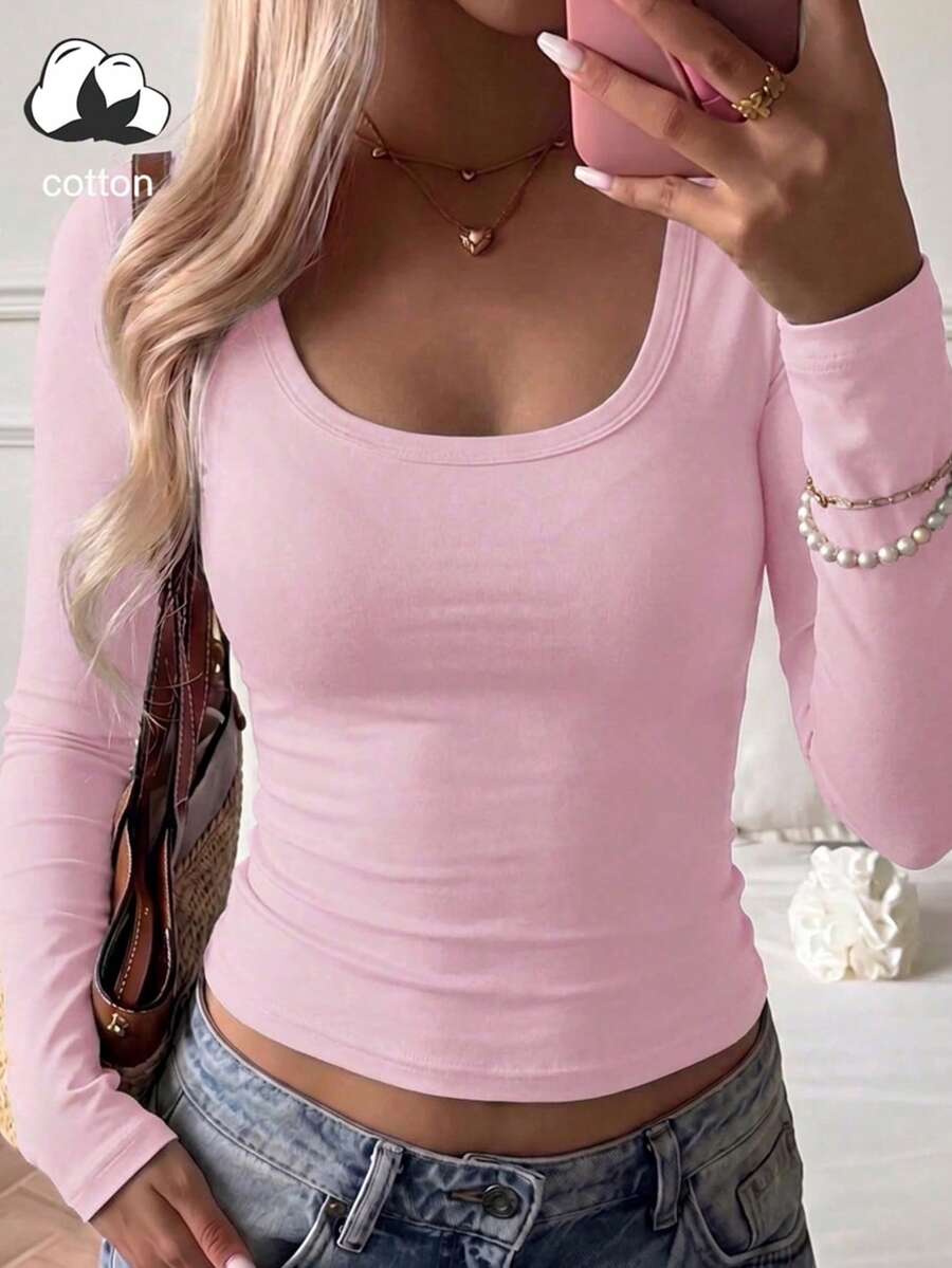 Women's Sexy Slim-Fit Striped Long-Sleeve Top / Solid-Color Basic T-Shirt (Casual Pink) - Pink - View 1
