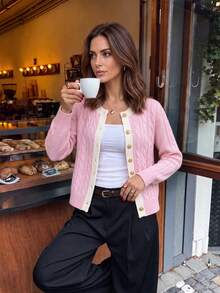 Pink Cable Knit Cardigan, Round Neck Single-Breasted Soft Style Outerwear, Commute Versatile Slimming Fitted Autumn/Winter Sweater Jacket - Pink - View 4