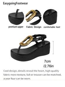 Women's Summer Metal Buckle Toe-Clip Elastic Back Strap Comfortable Versatile Daily Commute Fashion Wedge Thick Sole Sandals - Black - View 9