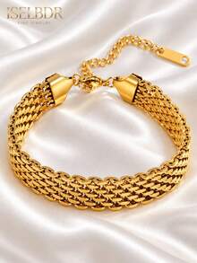 2pcs Gold Bracelet Set, Wide Curb Chain & Herringbone Flat Chain Bracelet, 18K Gold Plated Stainless Steel, Sleek Layered Jewelry For Women - Multicolor - View 10