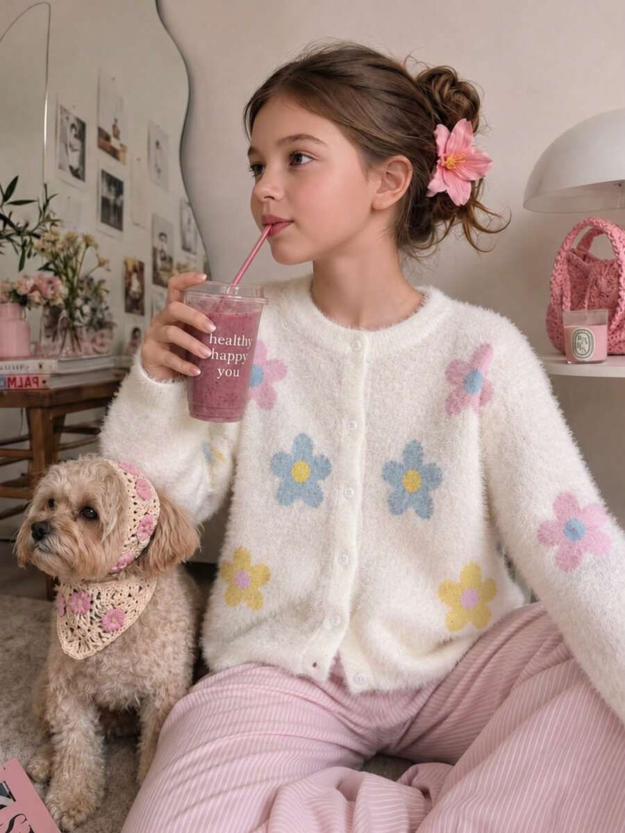 Girls Cute Floral Short Knit Cardigan, Faux Fur Trim, Suitable For Casual Wear In Spring, Autumn And Winter - White - View 1