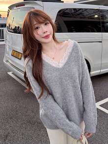 Women's Fashion Long Sleeve Knit Pullover Sweater, Elegant Lace Trim V-Neck Design, Winter Warm Outfit Choice - Grey - View 3