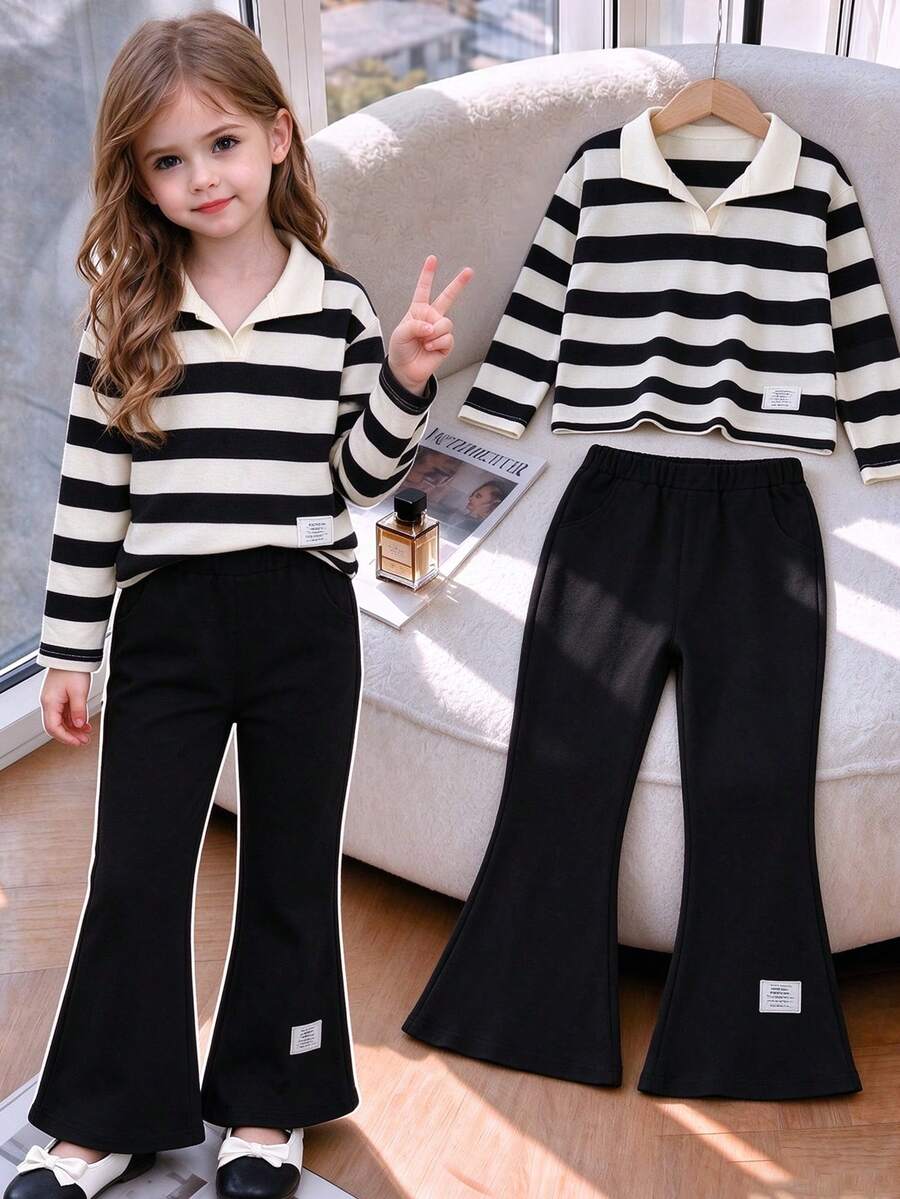 Young Girls Polo Collar Striped Long Sleeve Denim Top + Casual Flared Pants - Black - View 1