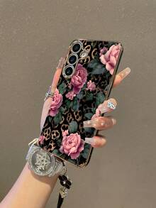 1pc Black Electroplated Premium Leopard Print With Pink Large Rose Pattern Full Coverage Shockproof Phone Case And 1pc Black Drip Glue Rhinestone Flower Phone Lanyard, Suitable For Versatile Phone Case/Lanyard Phone Case/Fun Phone Case/Apple Phone/Android Phone Case, For Galaxy S26 S25 S24 S23 S22 S21 S20 Plus Ultra FE Case - Multicolor - View 2