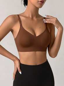 DAZY 1pc Women's Seamless Wireless Adjustable Cross Strap Soft Breathable Supportive Comfortable Bra, Suitable For Daily Wear And Home Leisure - Brown - View 4