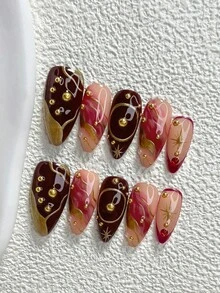 10片裝秋冬低調奢華復古風手工穿戴甲，Polygel美甲套組，鋼珠裝飾，紅色指甲，暗星光風格，3種尺寸可選，杏仁形、鴨嘴形、棺材形，適合派對、跳舞、日常配戴（手工細節可能有所不同） - 彩色 - 查看 18