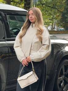 Fashionable Stand Collar Side Stripe Jacket, Casual Loose Long Sleeve Zip-Up Coat, Suitable For Daily Wear - Beige - View 8