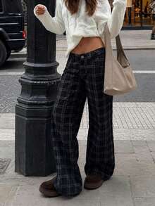 Women Fall Winter Casual Vintage Black Plaid Wide Leg Pants For Daily Going Out - Black - View 1