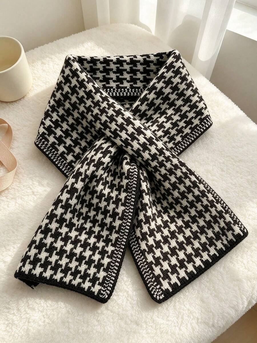 Autumn/Winter Houndstooth Knit Cross Scarf - Vintage Pattern, Adds Layering To Outfits, Cross-Free Tie Structure, Easy To Wear And Not Easy To Slip, Suitable For Daily Commute, Casual Shopping, Autumn/Winter Coat Matching - Multicolor - View 1