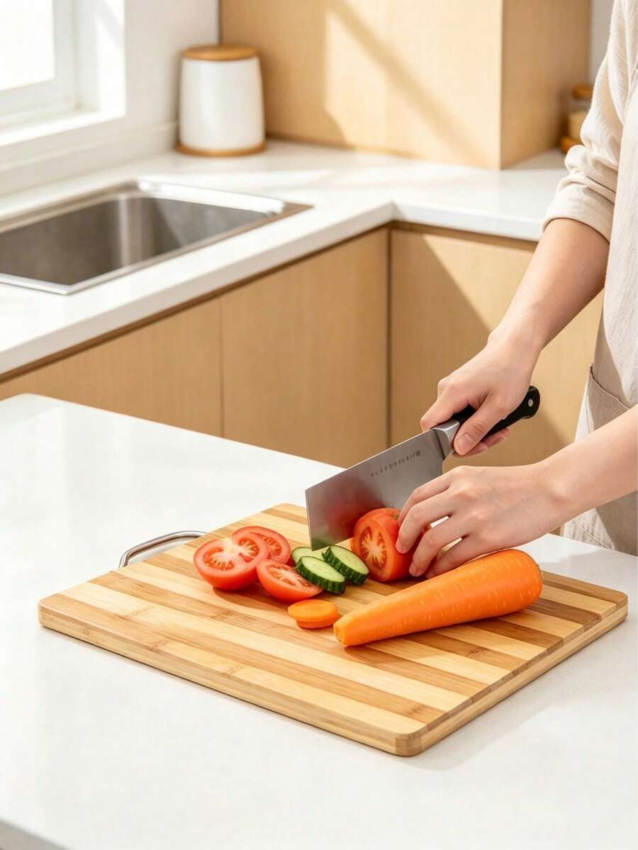 Striped Bamboo Cutting Board With Handle, Thickened Bamboo Chopping Board For Kitchen, Perfect For Cutting Meat, Fruit And Cooked Food - Random Color - View 1