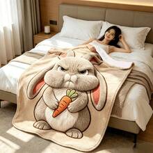 1pc Funny Angry Four-Ear Rabbit Carrot Pattern Flannel Blanket, Super Soft Comfortable Lightweight Cartoon Rabbit Print Fleece Blanket, Warm Nap Blanket, Suitable For Sofa Bed Office Camping, Cute Animal Home Decor Gift - Multicolor - View 1