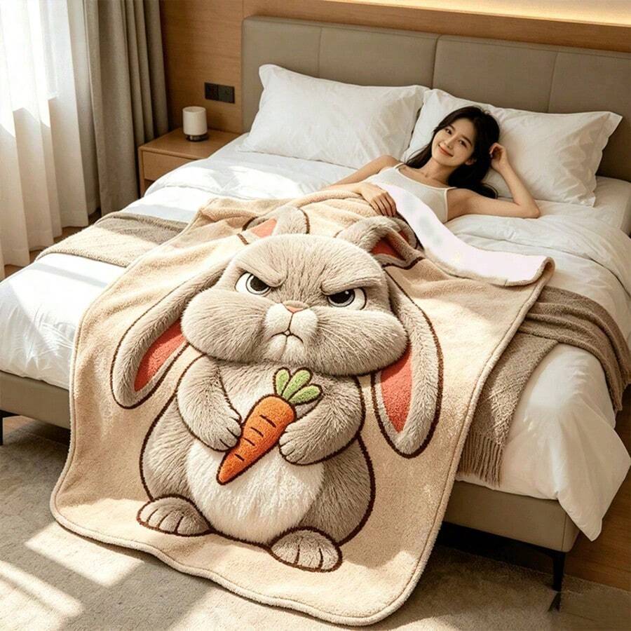 1pc Funny Angry Four-Ear Rabbit Carrot Pattern Flannel Blanket, Super Soft Comfortable Lightweight Cartoon Rabbit Print Fleece Blanket, Warm Nap Blanket, Suitable For Sofa Bed Office Camping, Cute Animal Home Decor Gift - Multicolor - View 1