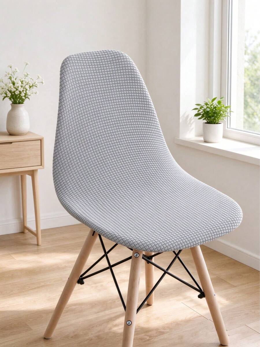 1pc Minimalist Solid Color Removable Washable All-Season Corn Velvet Elastic Curved Shell Chair Cover - Light Grey - View 1