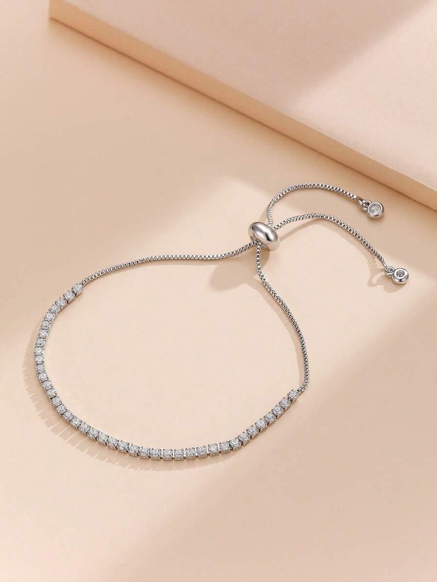 Gold-Plated Stainless Steel Cube Zirconia Tennis Bracelet With Adjustable Drawstring, Versatile Daily Accessory For Teenagers - Multicolor - View 1