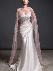 1 Pc Soft Pink Beaded Tulle Cape With Pearl Neck Clasp, Shoulder Cover Overlay For Light Wedding & Evening Gown - Multicolor - View 3