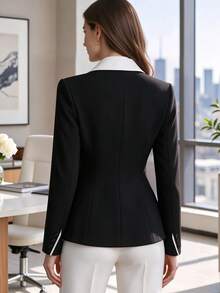 Women's Casual Colorblock Lapel Long Sleeve Single Button Blazer, Spring/Autumn/Winter - Black - View 3