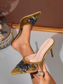Vintage Velvet Floral Sequin Decorated Pointed Toe Stiletto High Heels, Low Vamp Backless Outdoor Pumps - Khaki - View 1