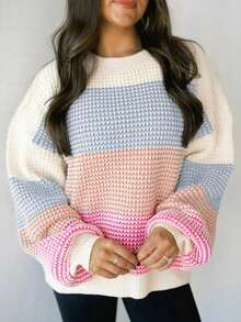 Acelitt Women's Loose Striped Pullover Sweater, Long Sleeve Knit Top With Ribbed Trim, Suitable For Autumn/Winter Wear - Multicolor - View 2
