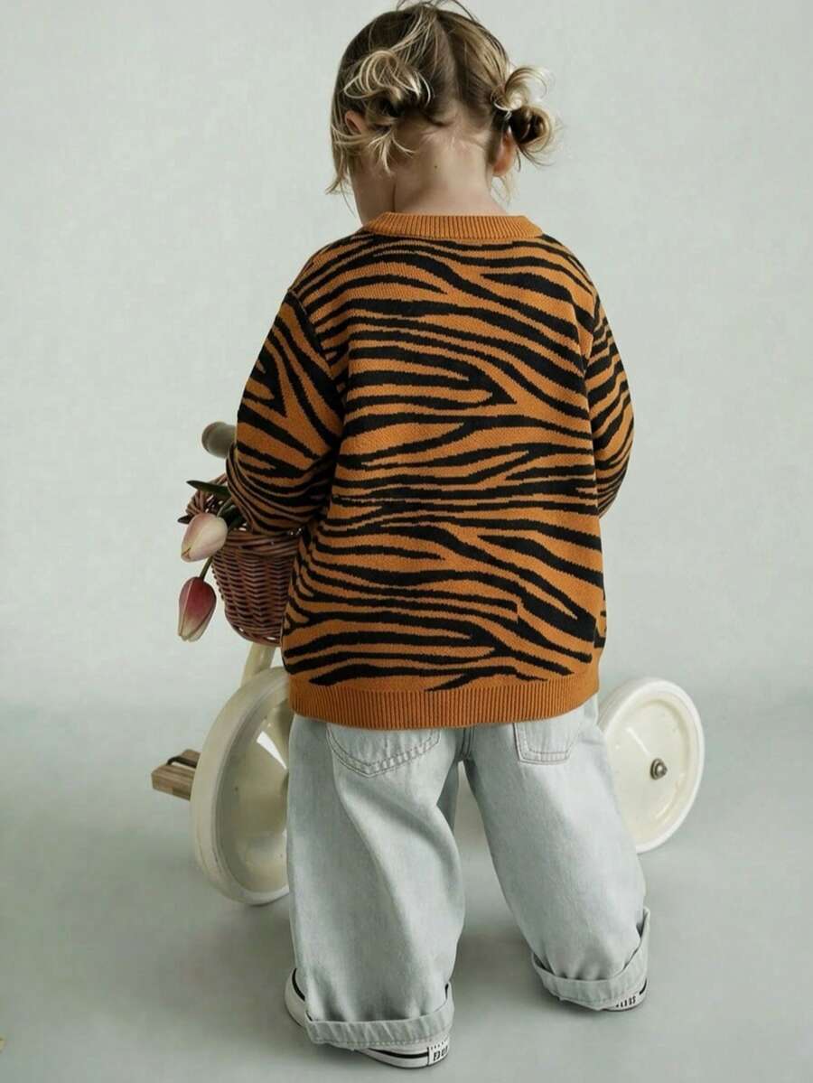 Girls' Street Style Tiger Print Knit Pullover Sweater, Suitable For Daily Wear, Vacation, Spring, Autumn, Winter - Brown - View 1