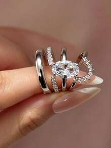 Silver Plated Multi Band Statement Ring For Women, Oval Cut Large Cubic Zirconia Center Stone Wrap Ring, Sparkly CZ Stackable Ring For Party - Silver - View 7
