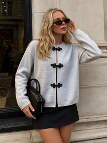 Elegant Street Style Casual Daily Round Neck Frog Button Design Gray Women Cardigan, Loose Drop Shoulder For Outing Vacation Streetwear Holiday Look - Light Grey - View 5