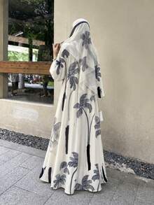 Hafizah Printed Cardigan With Headscarf 2 Pieces Outerwear Set, Fashion Long Sleeve Women's Robe White Fall - White - View 3