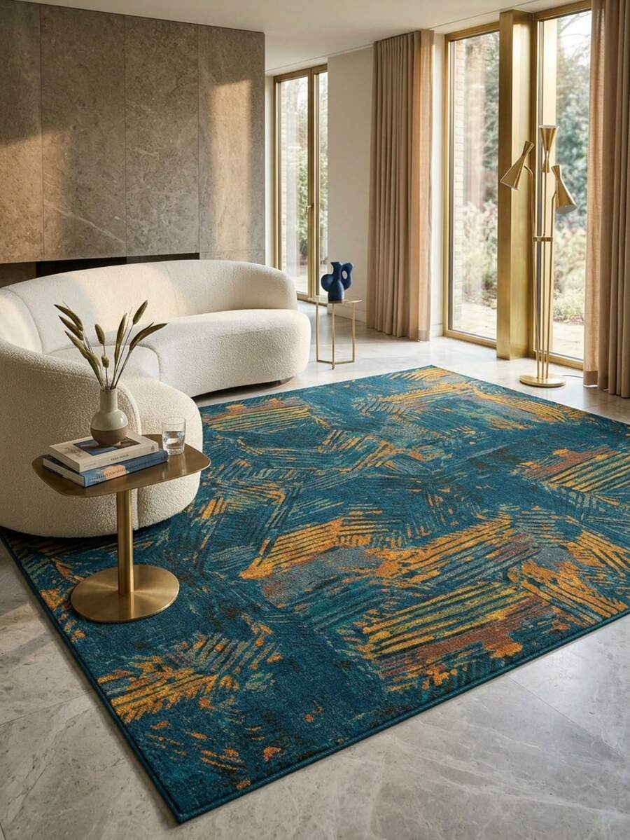 1PC Deep Blue & Orange Yellow Abstract Geometric Textured Pattern Living Room Rug, Modern Art Vintage Wabi-Sabi Distressed Faux Cashmere Rectangular Machine Washable Area Rug, Suitable For Daily Home/Living Room Bedroom Bathroom Vanity/All Season Large Size Floor Mat, Aesthetic Home Decor - Multicolor - View 1