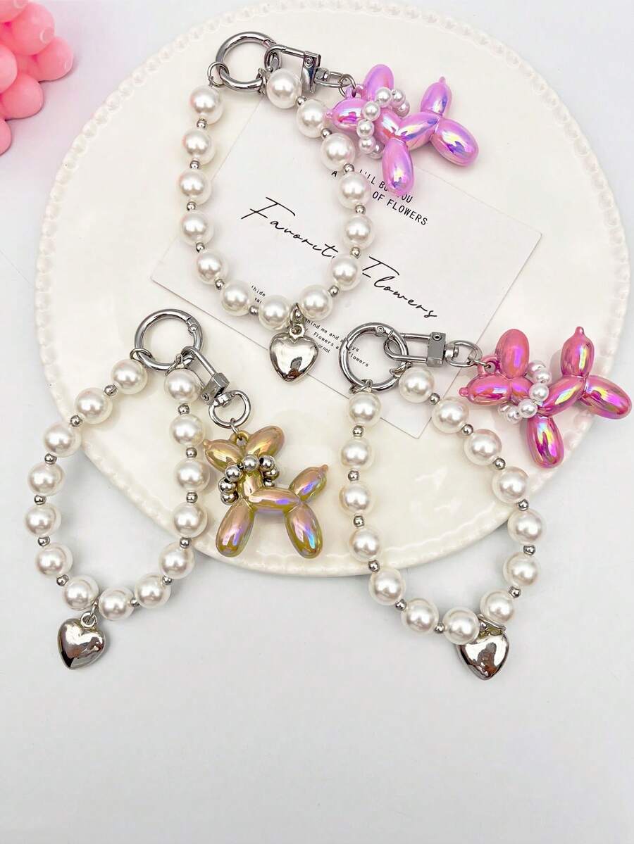 1pc Cute Puppy Bag Charm, Charming Faux Pearl Wrist Strap Heart Keychain, Women's Handbag Accessory, Travel Essential Bag Decoration, Gift Bag Filler, Room Decor, Premium Small Accessory Gift For Friends - Multicolor - View 1