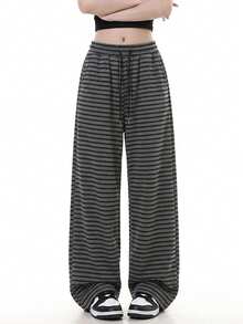 JUTU Women's Autumn Striped Wide Leg Knit Sweatpants With Elastic Waist And Drawstring, Casual Slouchy For Daily Commute And Travel - Dark Floral Grey Stripes - View 5
