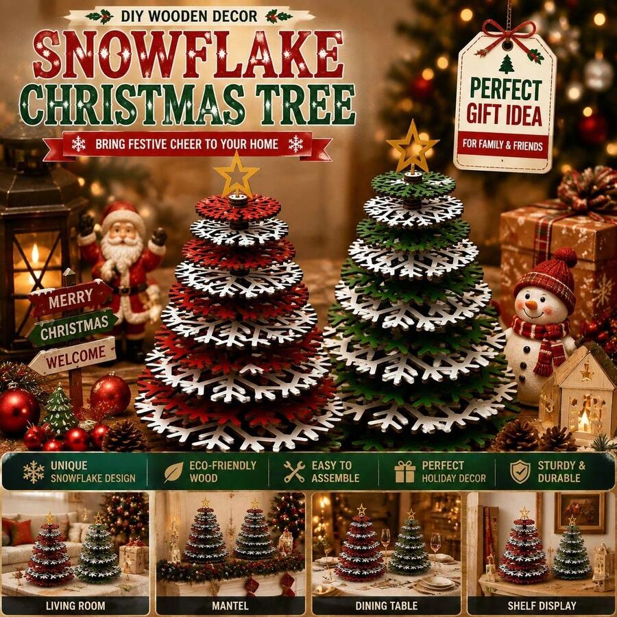 3D Wooden Snowflake Christmas Tree,Wood 3D Christmas Tree Decorations,DIY 3D Snowflake Wood Crafts Handmade Christmas Ornaments, Tabletop Xmas Tree Decorations, Festive Snowflake And Leaf Accessories