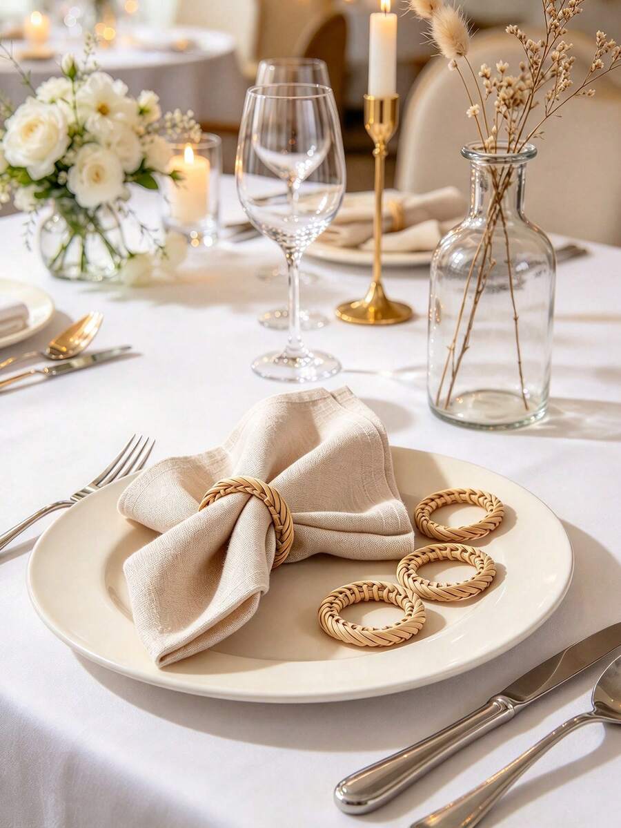 6pcs Simple And Fashionable Double-ring Woven Napkin Ring In Brown For All Seasons, Special For Hotel Family Dinner & Party - Brown - View 1