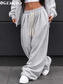 GEMCHO Women's Light Gray Loose Oversized Wide Leg Cinched Waist Front Pleated Sweatpants, Autumn/Winter Campus Travel Weekend Outfit - Light Grey - View 5