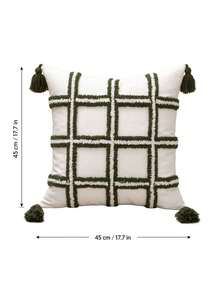 1pc Tufted Plaid Pillow Case, Green And White Checkered Pattern With Tassel Corners, Bohemian Country Style Decorative Cushion Cover, Suitable For Sofa Bedroom Living Room, Pillow Insert Not Included - Multicolor - View 3