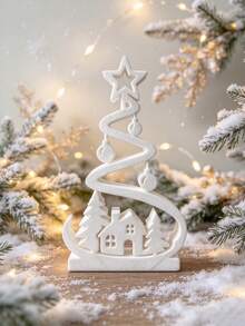 1pc Spiral Christmas Tree Desktop Decoration, Hollow Star Top Christmas Tree Ornament With House And Pine Tree Pattern, Tabletop Decor, Christmas Home Desktop Frame Decoration, Holiday Party Centerpiece Gift, Winter Holiday Decoration Gift - House Pine Tree Ornament - View 3