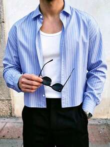 Men's Single-Breasted Casual/Commute Striped Short Sleeve Shirt - Blue - View 3