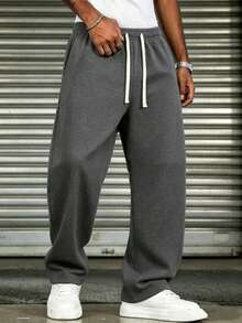 Men's Loose Wide Leg Sweatpants, Men's Sports Long Pants, Solid Color Design With Drawstring Detail, Long Casual Style Sweatpants, Polyester Fabric, Suitable For Daily Shopping, Sports And Other Occasions, Versatile Item For Autumn/Winter - Dark Grey - View 5