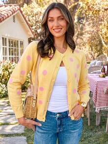 Acelitt Spring/Autumn Sweet Polka Dot Knit Cardigan, Round Neck, Button Closure, Long Sleeve, Short Length, Casual Jacket, Suitable For Daily Wear And Dating - Yellow - View 1