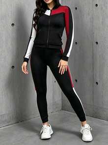 Women's Fashion Solid Color Patchwork Hooded Zip-Up Cardigan Jacket With Pockets Long Sleeve And Yoga Sports Knit Set - Multicolor - View 5