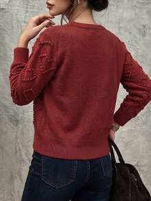 DONICY Suéter de cuello redondo color burdeos para mujer, mangas con patrón de corazón, esencial de otoño, estilo vintage - Rojo - Ver 2